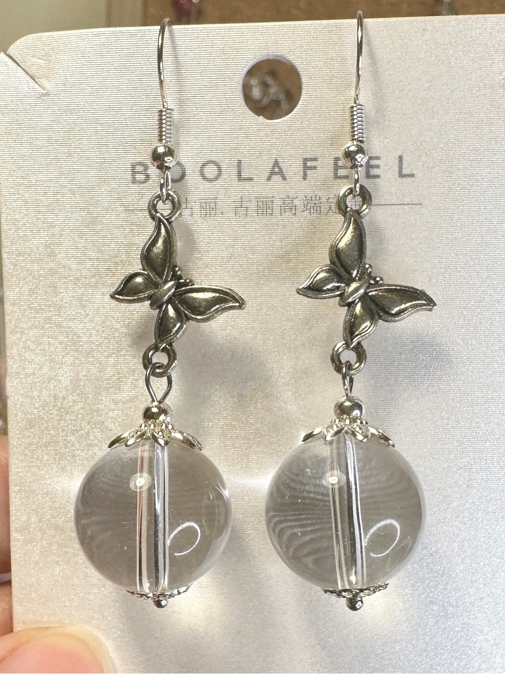 Fashion Jewelry Clear Quartz 16mm Drop Butterfly Earrings 2.3 inch long